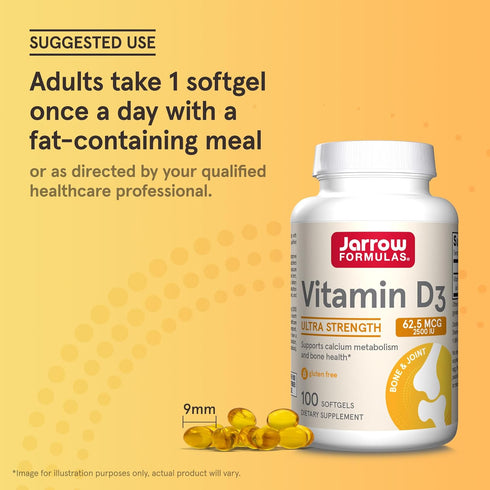 Jarrow Formulas Vitamin D3 62.5 mcg (2,500 IU), 100 Servings Softgels for Bone Health & Immune Support