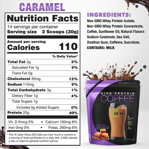 Chike Caramel High Protein Iced Coffee, 20 G Protein, 2 Shots Espresso, 1 G Sugar, Keto Friendly, 14 Servings (14.8
