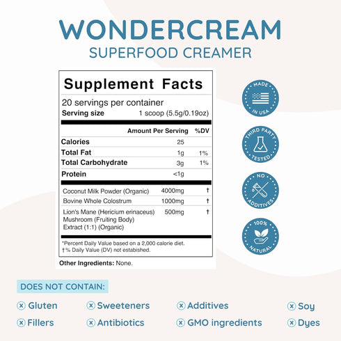 WonderCow Bovine Colostrum Superfood Creamer Powder with Organic Lions Mane & Coconut Milk MCTs