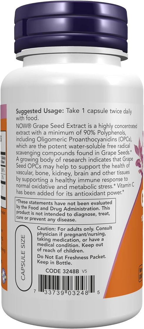 NOW Supplements Grape Seed 100 mg - Standardized Extract with Vitamin C, 100 Veg Capsules