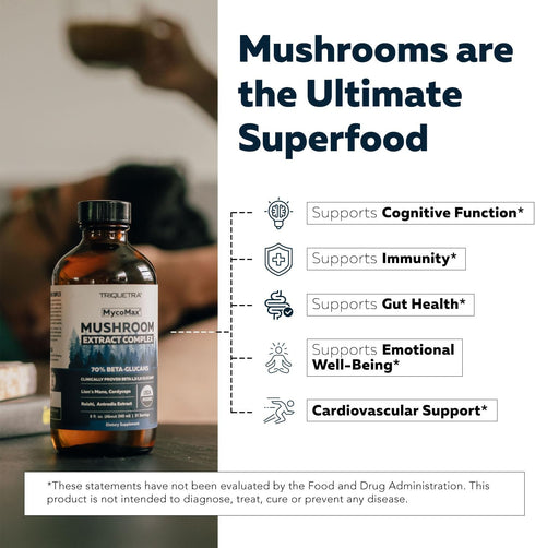 MycoMax Mushroom Complex - 70% Beta Glucans, Promotes Cognition, Immunity, Energy, 8 oz.