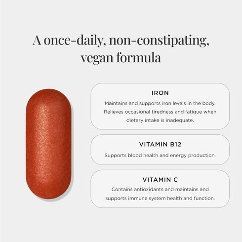 JSHealth Vitamins Iron+ Supplement for Energy Support, 30 Tablets with Vitamin C and Vitamin B12, No Nausea