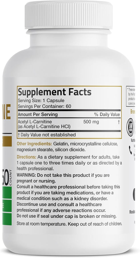 Bronson Acetyl L-Carnitine 500 MG High Potency Amino Acid, Non-GMO, 60 Capsules