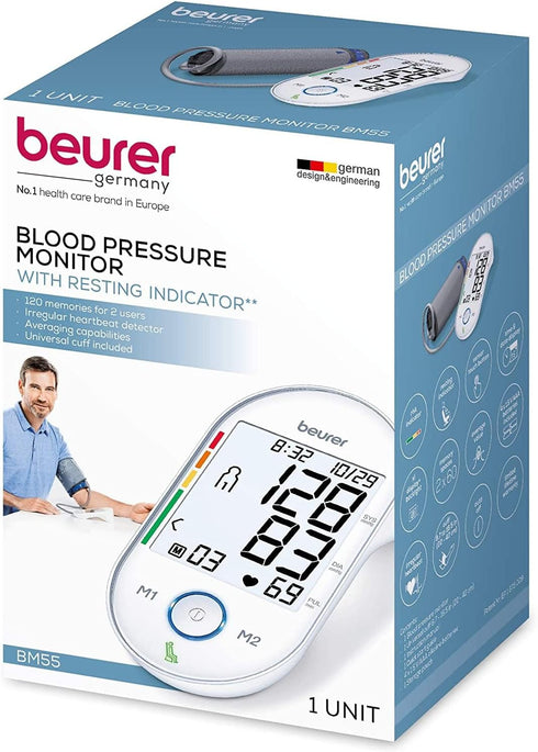 Beurer BM55 Blood Pressure Machine – XL Backlit Display, Automatic Cuff, and Portable Storage Kit for 2 Users