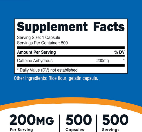 Nutricost Caffeine Pills, 200mg Per Serving, 500 Caps