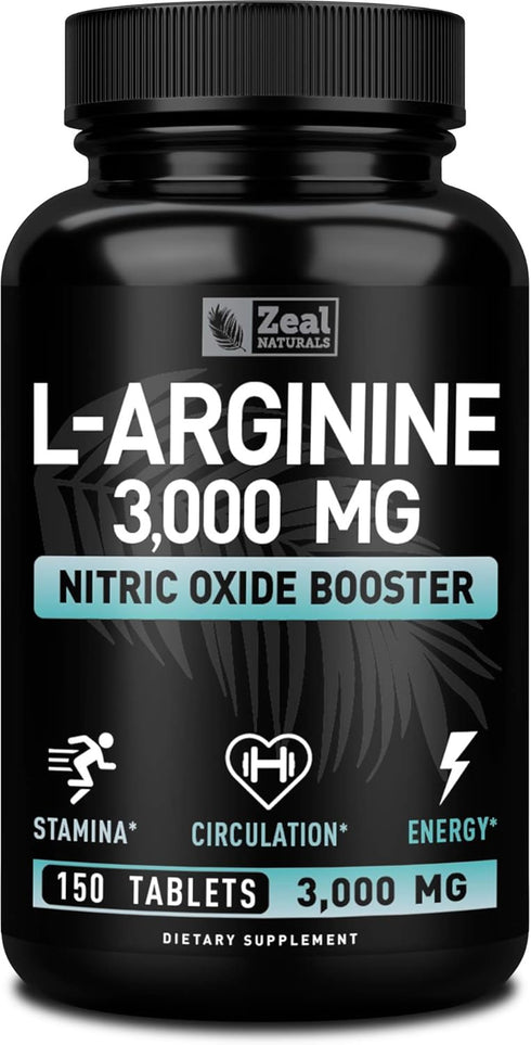 Zeal Naturals L Arginine 3000mg Capsules, 150 Tablets, Nitric Oxide Supplement for Muscle Growth