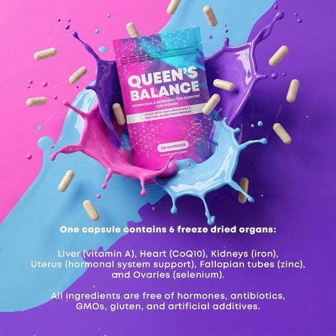 Queens Balance 6 120 Beef Organ Supplement for Women - Formula of Grass Fed Beef Organs - Liver, Heart, Kidney, Uterus