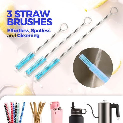 Holikme 6 Pack Bottle Brush Set, 14" Long Handle Stainless Steel Cleaner, 3 Straw Brushes, Blue