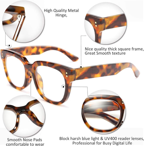 FEISEDY Retro Square Thick Big Frame Blue Light Blocking Reading Glasses, Anti Glare Digital Eyestrain Reader B2523