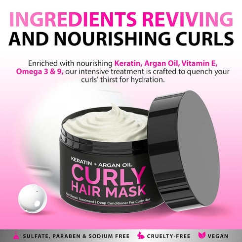 SUNATORIA Curly Hair Mask - Deep Conditioner Treatment, Natural Argan & Keratin Hair Mask for Damaged Dry Hair