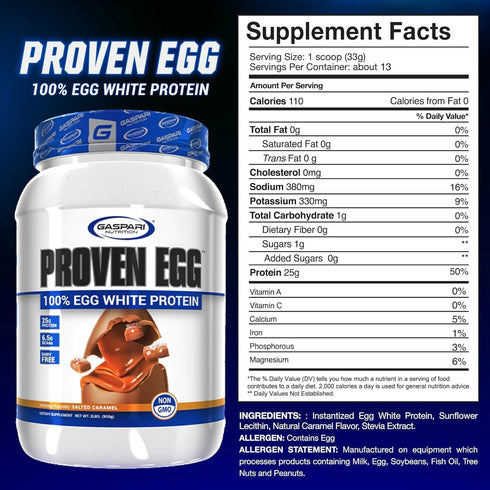 Gaspari Nutrition Proven Egg, 100% Egg White Protein, 25g Protein, Keto Friendly, 1lb, Salted Caramel