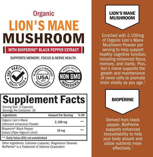 Organic Lions Mane Supplement Capsules (90 Count) 2100mg Lions Mane Mushrooms with BioPerine for Max Absorption, Active Compound Verified, Natural Nootropic Brain Supplements for Memory and Focus