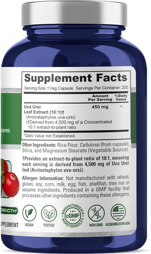 NusaPure Uva Ursi 10:1 Extract, 450 mg Equivalent to 4,500mg, 200 Vegetarian Caps (Non-GMO, Vegan)