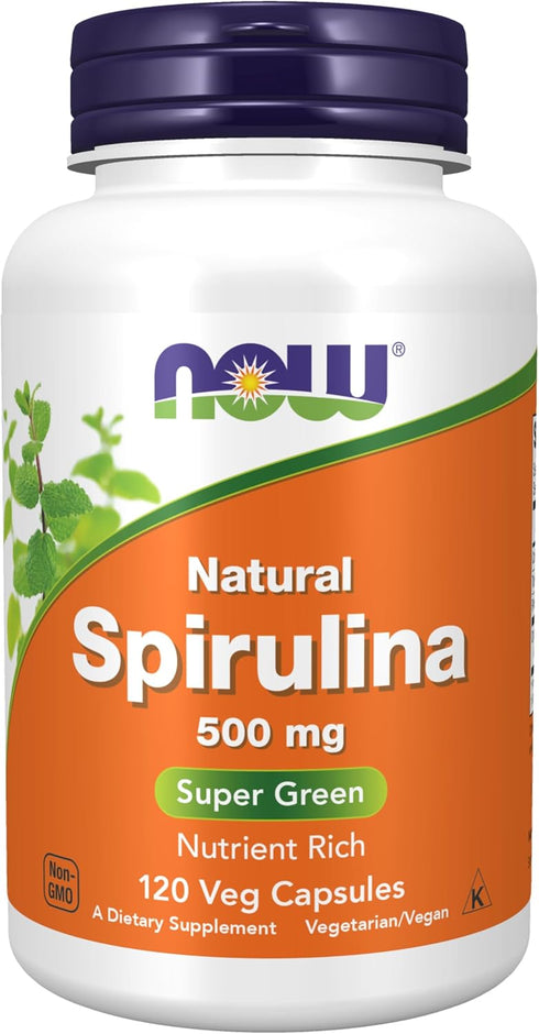 NOW Supplements, Natural Spirulina 500 mg - 120 Veg Capsules with Beta-Carotene, Vitamin B-12, Protein, and GLA