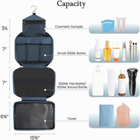 Maliton Large Toiletry Bag for Men & Women, Waterproof Hanging Hygiene Bag with 4 Compartments (Navy Blue)