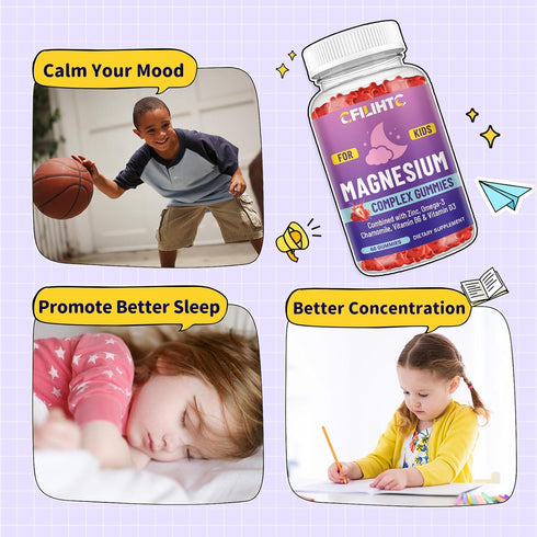 Gummies-Magnesium Gummies Omega-3, B6, D3 2 Pack Kids Magnesium Glycinate for Kids Supplement-w/Zinc, Chamomile