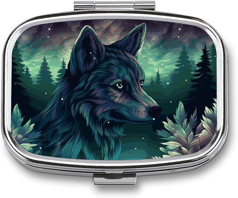 NWTRJ Forest Wolf Pill Box 2 Compartment Pill Case Portable Pocket Pill Organizer