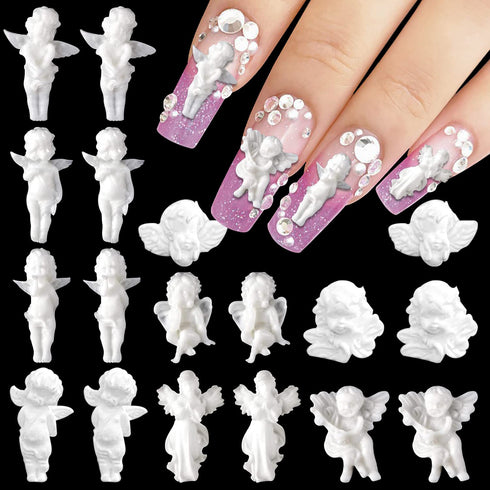WOKOTO 90PCS White Embossed Angel Nail Charms - 3D Acrylic Nails Accessories, Retro Baroque Designs for Women
