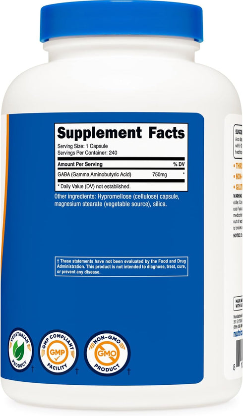 Nutricost GABA (Gamma Aminobutyric Acid) 750mg, 240 Capsules, Non-GMO, Gluten Free