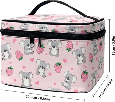 Strawberry Koala Makeup Bag, Toiletry Pouch, Desk Cosmetics Storage with Strap