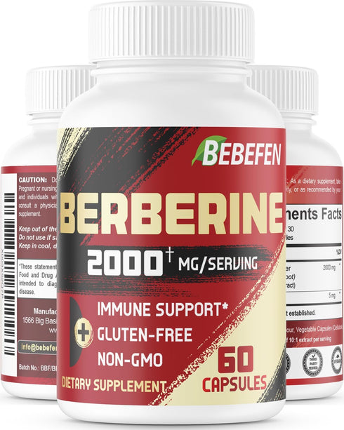 BEBEFEN Berberine HCL Supplement 2000mg - Supports Immune System, Cardiovascular Health - Non-GMO, Gluten Free