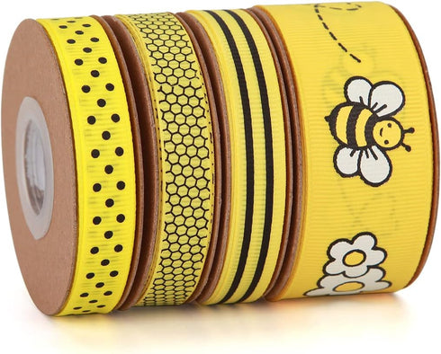 Bee & Flower Grosgrain Ribbon, Yellow Black White for Gift Wrapping, Party Decoration, Hair Bows, All Crafting (4 Rolls)