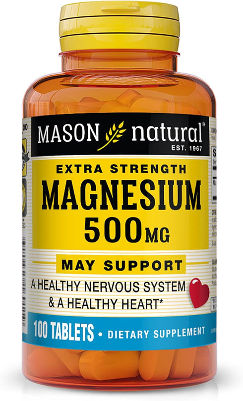 Mason Natural Magnesium 500mg Extra Strength - Healthy Heart, Nervous System, Improved Muscle Function and Recovery -