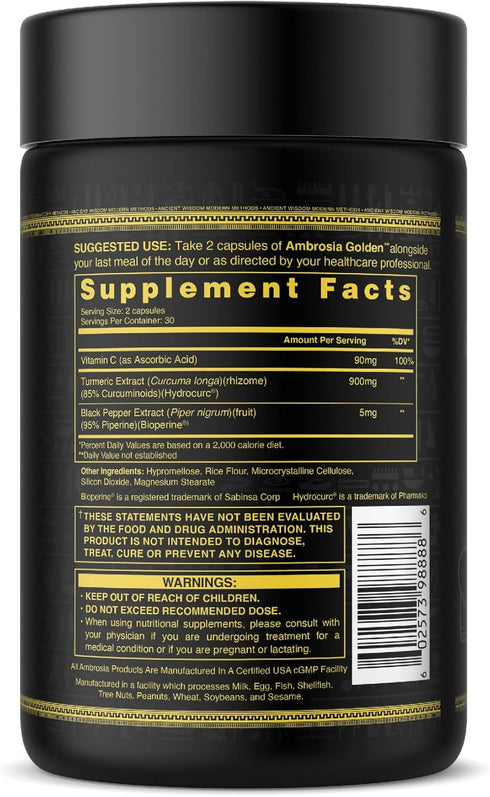 Ambrosia Golden Super Turmeric - Bioavailable Curcumin for Gut & Brain Health, 765mg Active Curcuminoids
