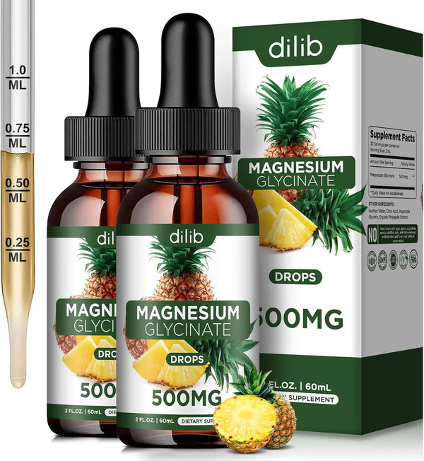 (2 Pack) Magnesium Glycinate Supplement - Liquid Drops 500mg for Stress Relief, Relaxation, Vegan, 4 Fl Oz