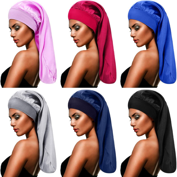 SATINIOR 6 Pcs Extra Large Long Hair Satin Bonnet for Sleeping, Elastic Band Silk Night Sleep Hat for Women