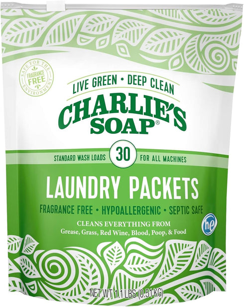 Packets 30 Count (2 Pack 60 Charlie's Soap - Unscented Powdered Laundry Total Loads)