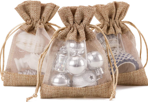 WRAPAHOLIC 20 pcs Burlap Drawstring Gift Bag - 4x5.5 inch Tan with One Side Organza Wedding Party Favor Bags