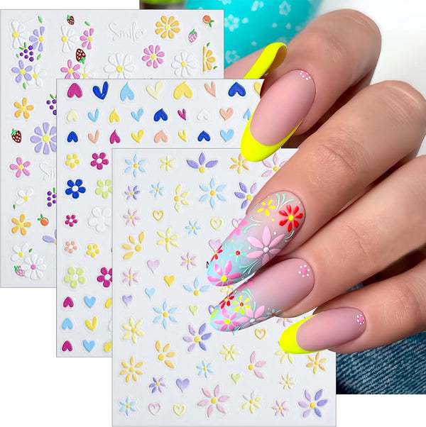 Flower Nail Art Stickers, 5D Embossed Self-Adhesive Decals, Spring Daisy Nail Design for Women Girls DIY Decoration