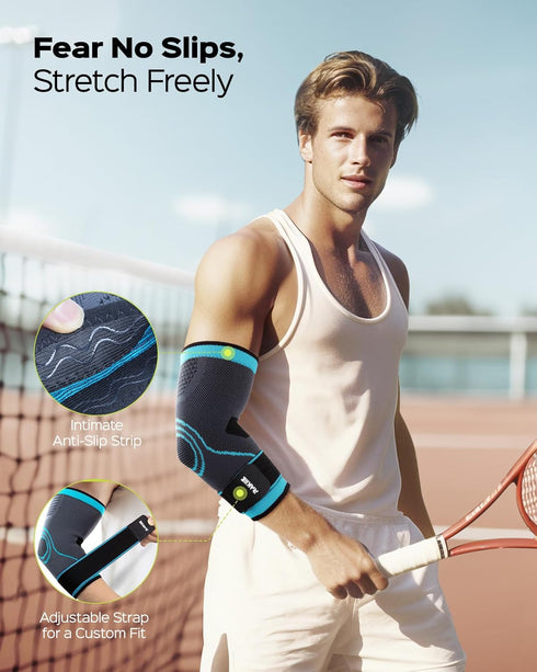 Elbow Compression Sleeve 2 Pack, Pain Relief Brace for Tendonitis and Tennis Elbow, Blue (M), for Men & Women