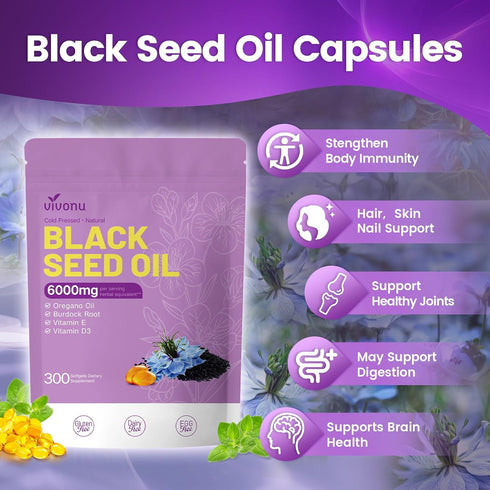 Pressed,6000mg,300 Count 9-in-1 E&D3 Non-GMO,Immune VivoNu Black Seed Oil Capsules, Black Seed Oil Organic Cold |