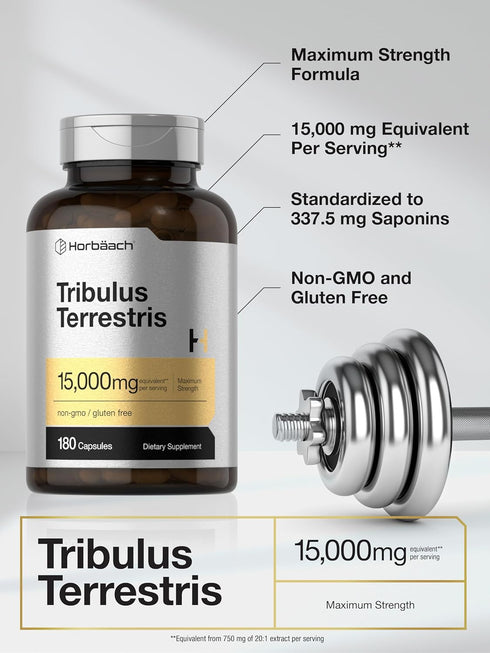 Horbaach Tribulus Terrestris for Men, 15000mg, 180 Capsules, Maximum Strength, Non-GMO