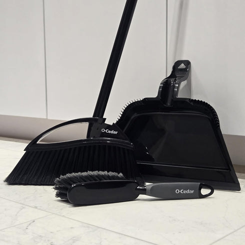 Set O-Cedar Strong Sweep Broom and Dustpan with Detail Brush | Indoor Outdoor Heavy Duty Stiff Bristle Broom | Step-On