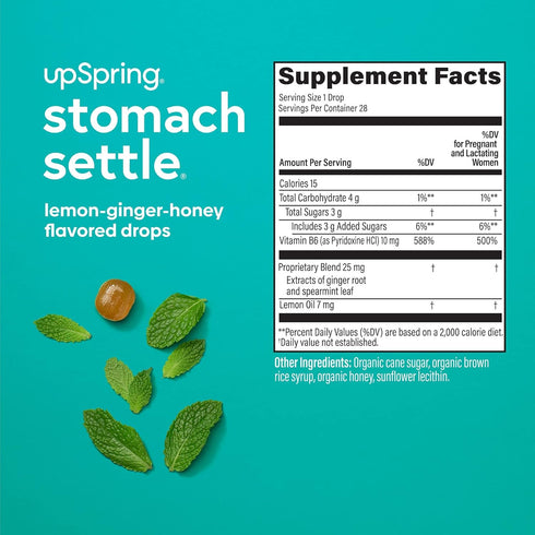 UpSpring Stomach Settle Drops - Occasional Nausea Relief with Ginger, Lemon, Spearmint, B6, Mint Flavor, 28 Ct