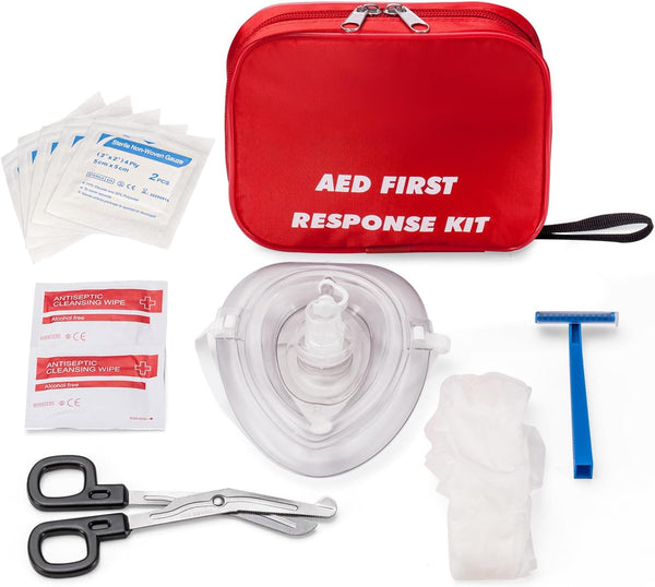AED First Kit with CPR, Gloves, Razor, Scissors, Gauze Pads, Cleansing Wipes for Training