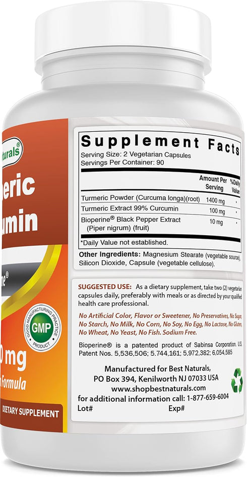 Best Naturals Turmeric Curcumin 1500mg/Serving with Bioperine - 180 Veggie Capsules