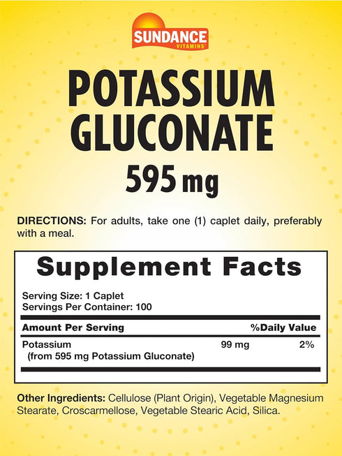 Potassium Gluconate 595mg | 100 Count | Essential Mineral Supplement | Vegetarian, Non-GMO, and Gluten Free Formula | By Sundance