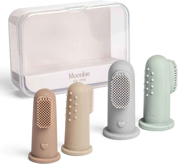 Moonkie Baby Toothbrush Finger Toothbrush Kit for 3 Months +, 4 Pcs Small (Sand/Warm Taupe)/Large (Blue/Mint)