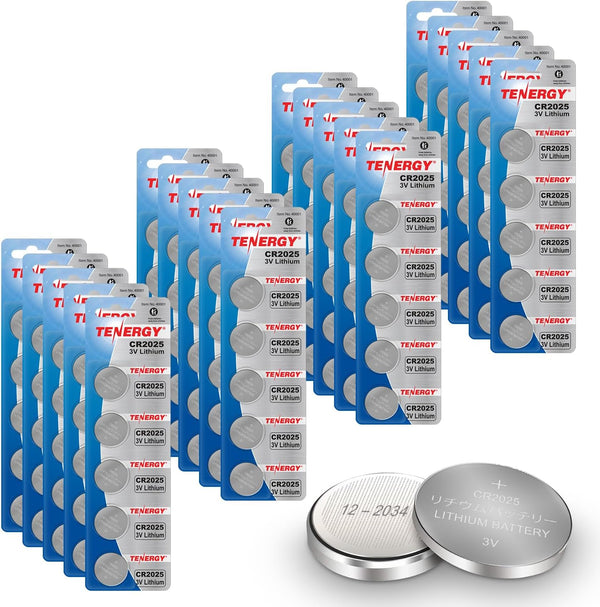 Tenergy CR2025 3V Lithium Button Coin Cell Batteries, 100 Pack