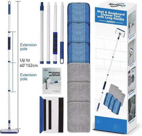 Qaestfy Baseboard Cleaner Tool with Handle, Wall Floor Mop with Extendable Handle, 6 Reusable Pads Included