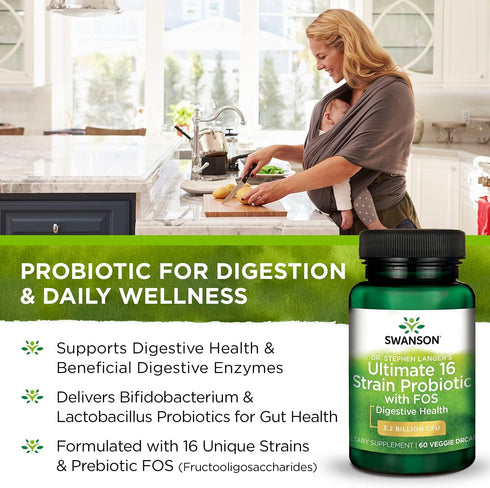 Swanson Dr. Stephen Langer's Formula, Natural Probiotic w/Prebiotic FOS, 60 Veggie Capsules, 16-Strain Digestive Support