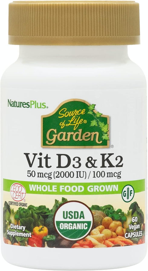 Natures Plus Source of Life Garden Vitamin D3 & K2 - 60 Vegan Capsules - Promotes Bone Support, Immune Function,