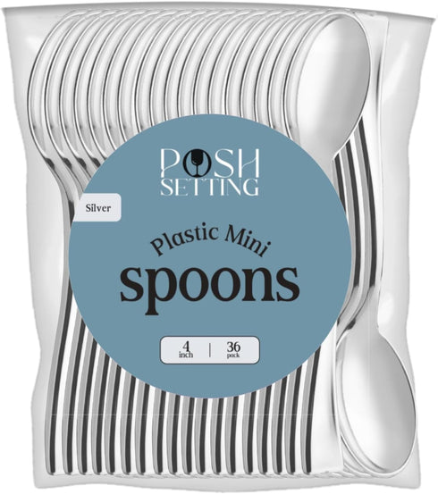 36 Ct Silver Mini Dessert Spoons, 4 Inch Disposable Tiny Silver Spoons for Appetizers Tasting