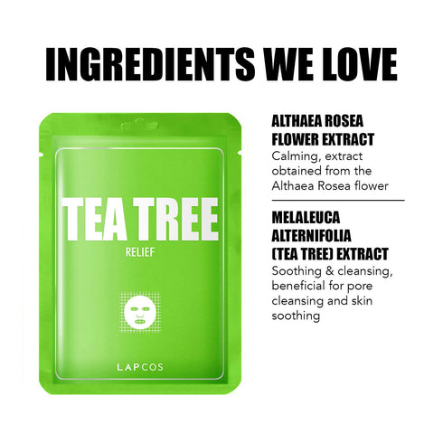 LAPCOS Tea Tree Sheet Mask, Daily Soothing Face Mask, Treats Acne & Clears Pores, Korean Beauty 5-Pack