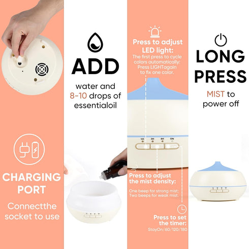 HAPPTWS 500ML 7-Color Essential Oil Diffuser - BPA Free Ultrasonic Aromatherapy Diffuser, with Lights - Waterless Auto