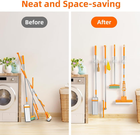 Batur Broom Holder Wall Mount, 4 Pack Anti-Slip Mop and Broom Organizer, Adhesive Hanger for Bathroom Kitchen Laundry